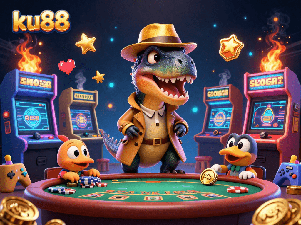 ku88 gaming scene with cartoon velociraptor counter and stegosaurus pit boss at a blackjack table