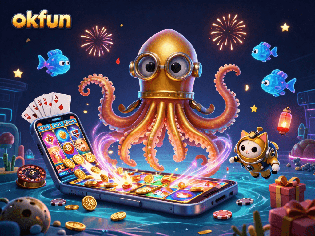 Play exciting games at okfun, featuring vibrant casino elements like slots and cards amidst a colorful underwater scene.