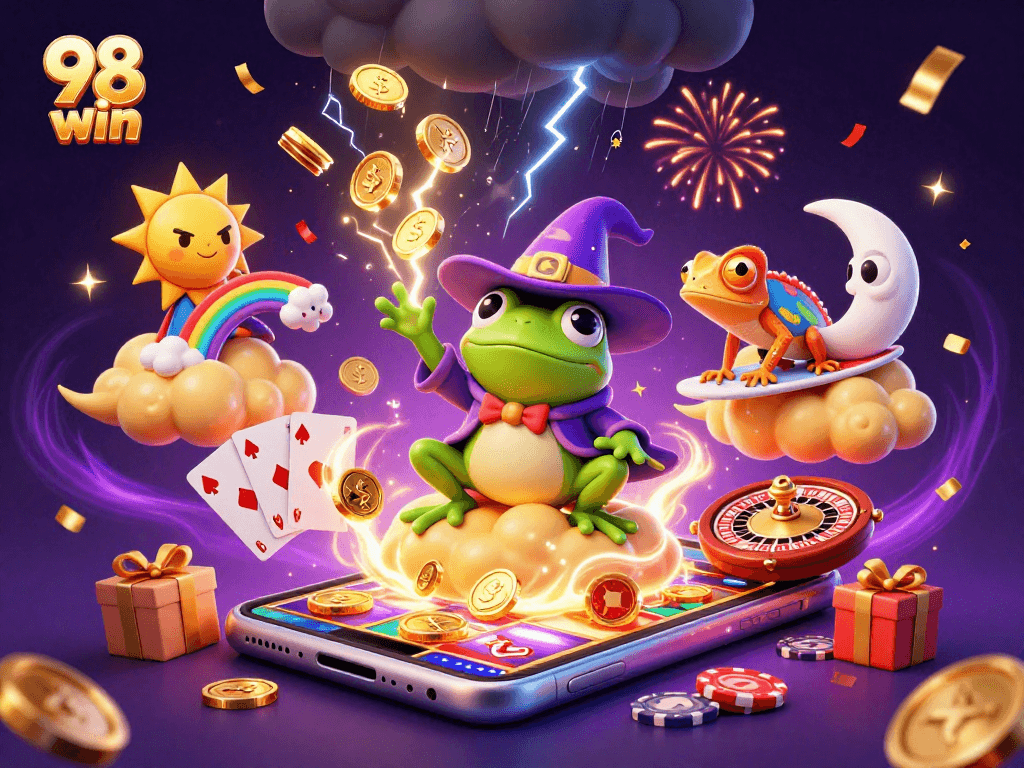 Spin to win with 98 win in an exciting 3D casino scene filled with gold and games.