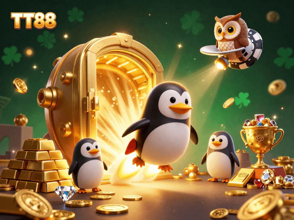 Win big at TT88 with a golden penguin racing through casino wonders, discovering riches and treasures.
