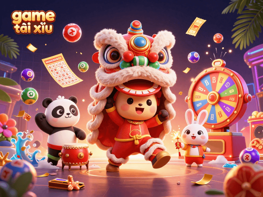 Experience thrilling game tài xỉu with dynamic characters and vibrant gambling elements in a lively 3D scene.