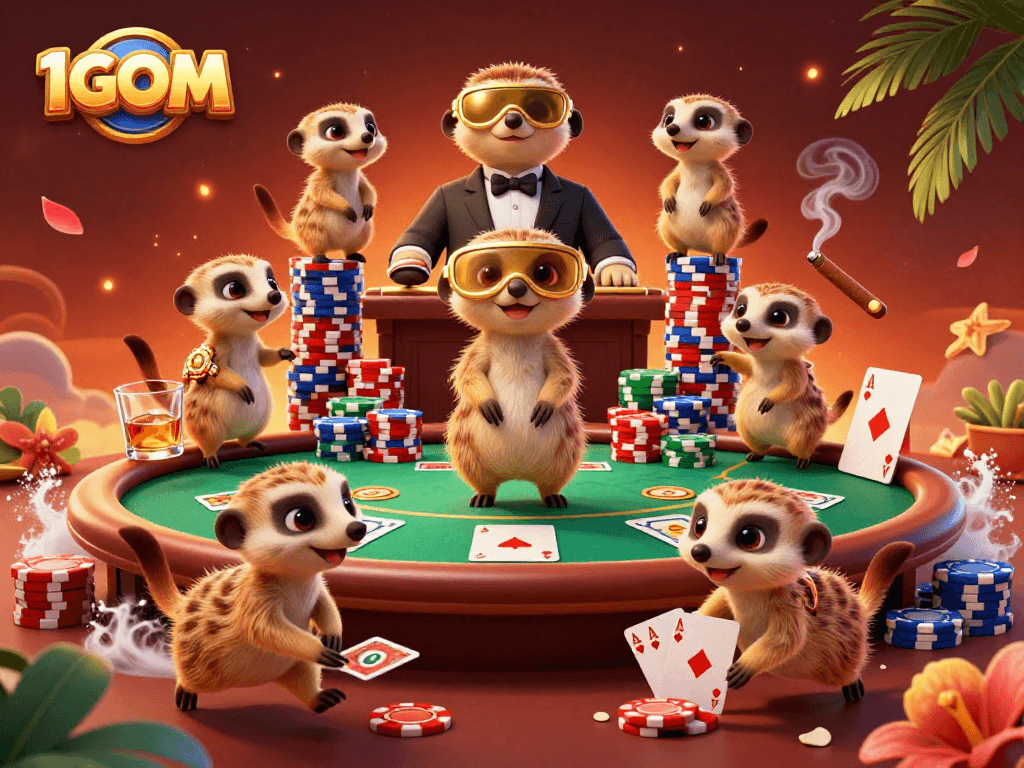 Experience thrilling sports betting at 1GOM with engaging meerkat dealers and vibrant casino elements.