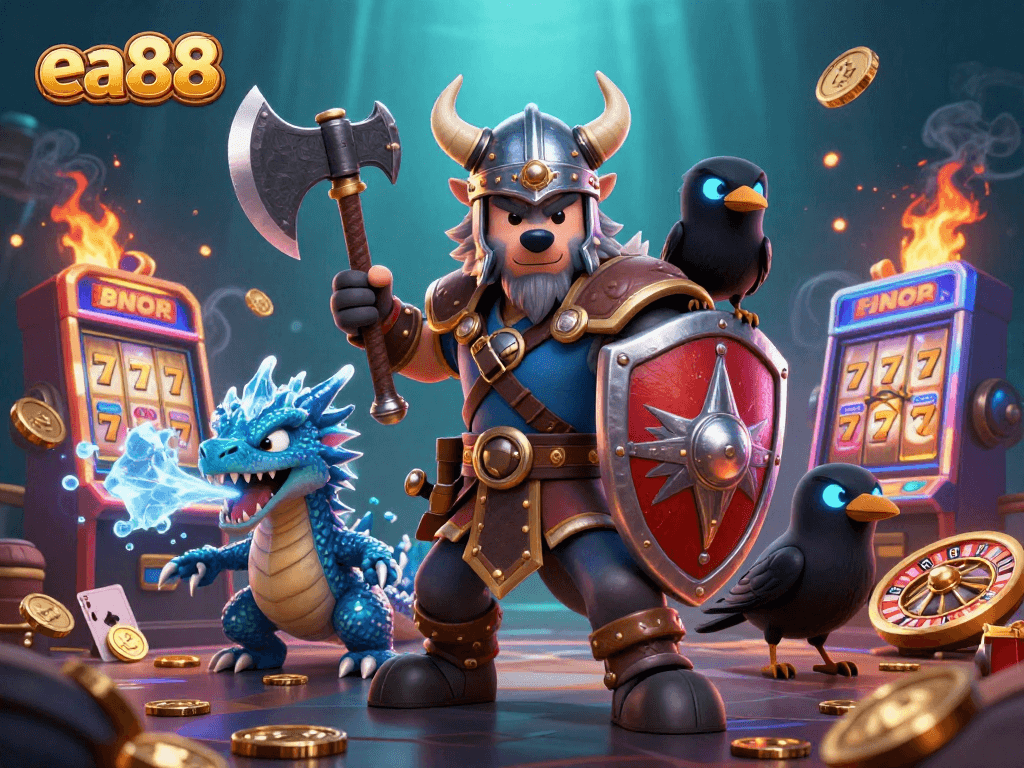 Experience thrilling action at ea88 with Viking warriors and dragons amidst vibrant casino games.