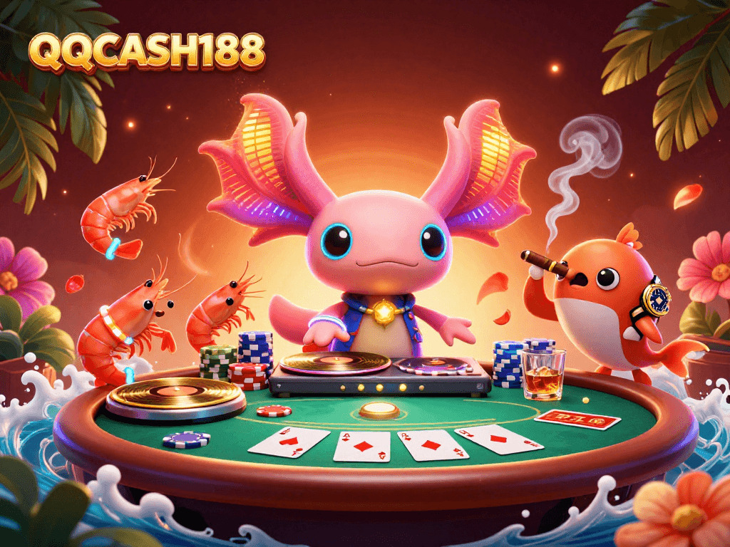 Experience exciting gameplay at QQCASH188 with vibrant scenes of poker and underwater parties.