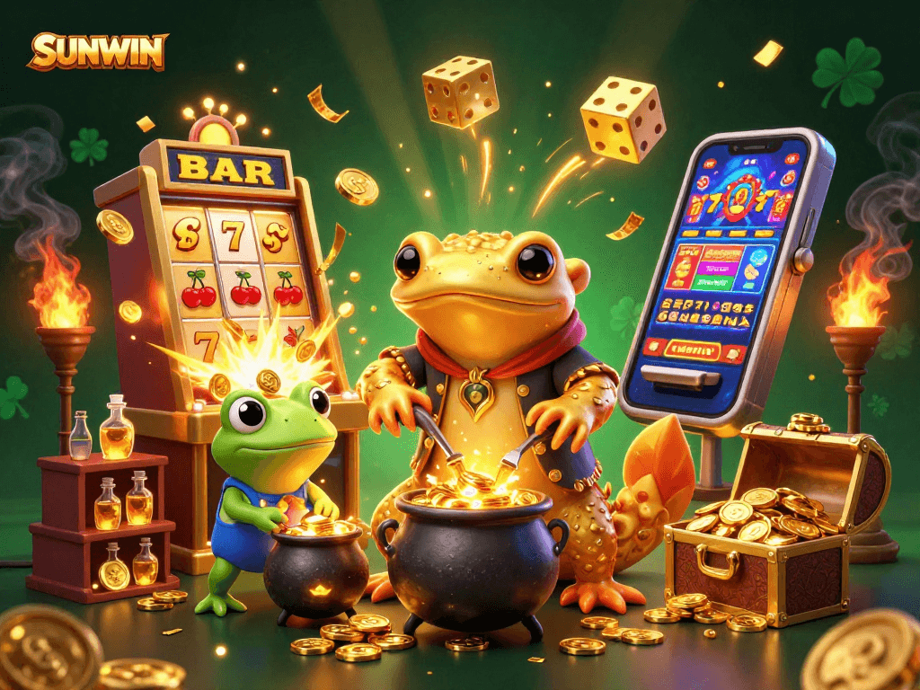 SUNWIN players enjoying a magical online casino experience with golden coins bursting from a slot machine and animated characters