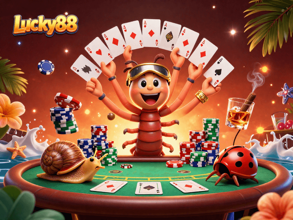 Experience thrilling gameplay at Lucky88 with a cartoon dealer and vibrant poker action.