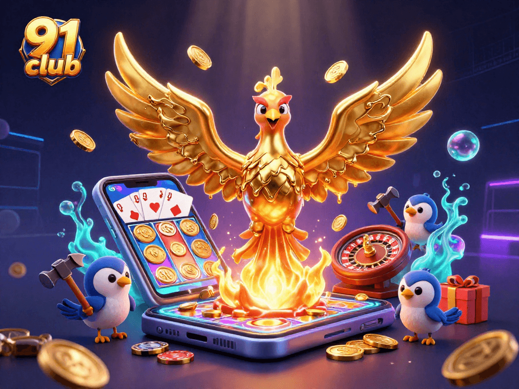 Engage with exciting gaming at 91 club with golden coins erupting from a vibrant slot game.