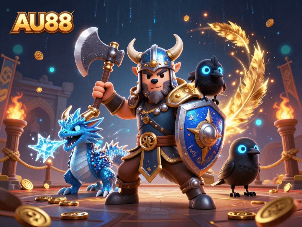 Experience AU88 with a Viking wolf warrior, fierce dragon, and raven in a dynamic casino scene.