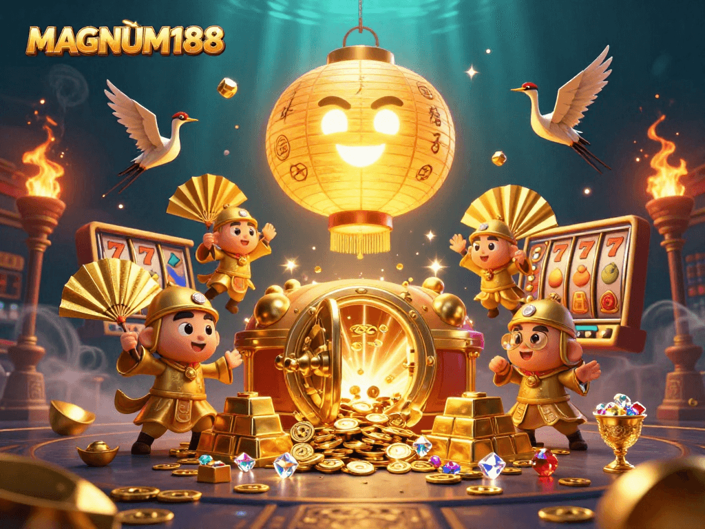 Experience the thrills of MAGNUM188 as golden spirits and slot reels illuminate the night market casino atmosphere.