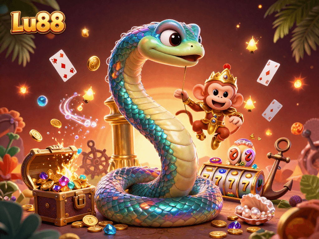 Lu88 showcases vibrant casino experience with a cartoon rainbow serpent and monkey king amid treasures and playful elements.