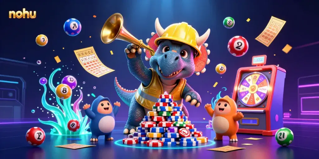 Experience the excitement of nohu with colorful gambling elements and animated characters celebrating victory.