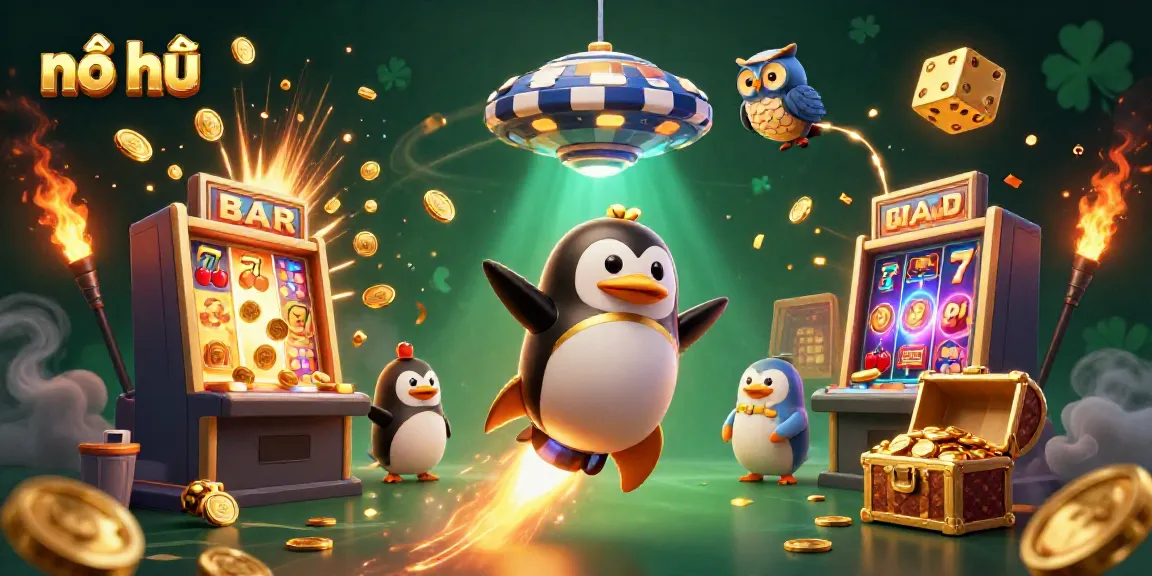 Experience nổ hũ gameplay with a dynamic scene of a golden penguin and casino elements.