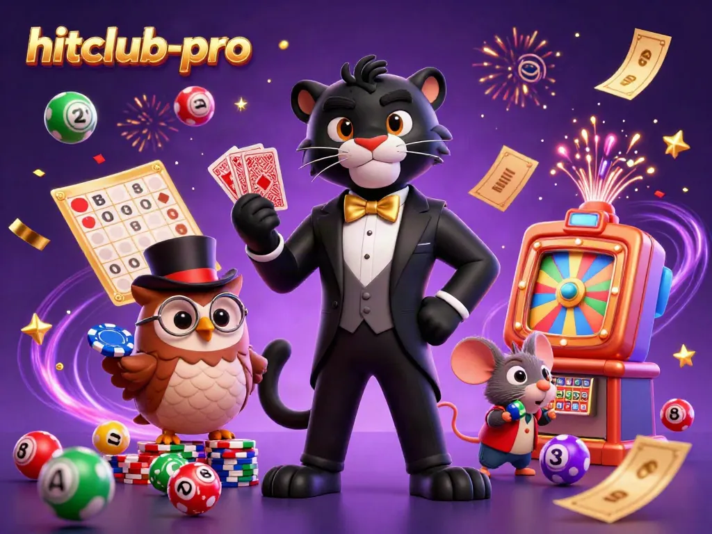Hitclub-pro showcases stylish characters celebrating with cards and lottery elements in a lively casino scene.