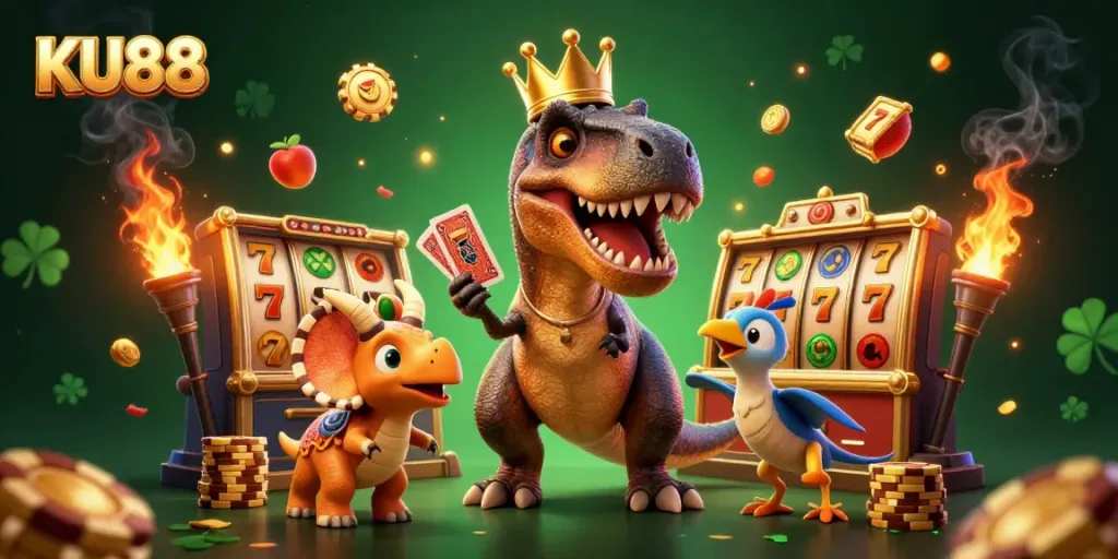 Play thrilling slots at KU88 with an adventurous T-Rex and friends amidst rich casino elements.