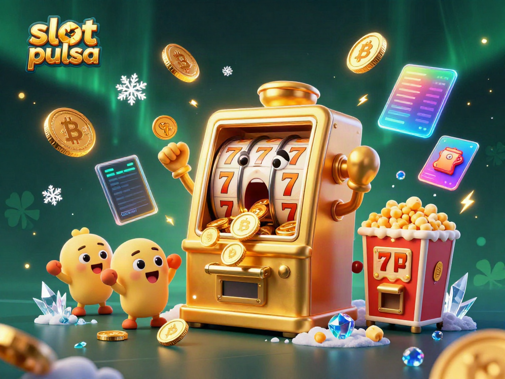 Experience the thrill of slot pulsa with a jubilant golden slot machine celebrating a jackpot amidst a vibrant casino backdrop.
