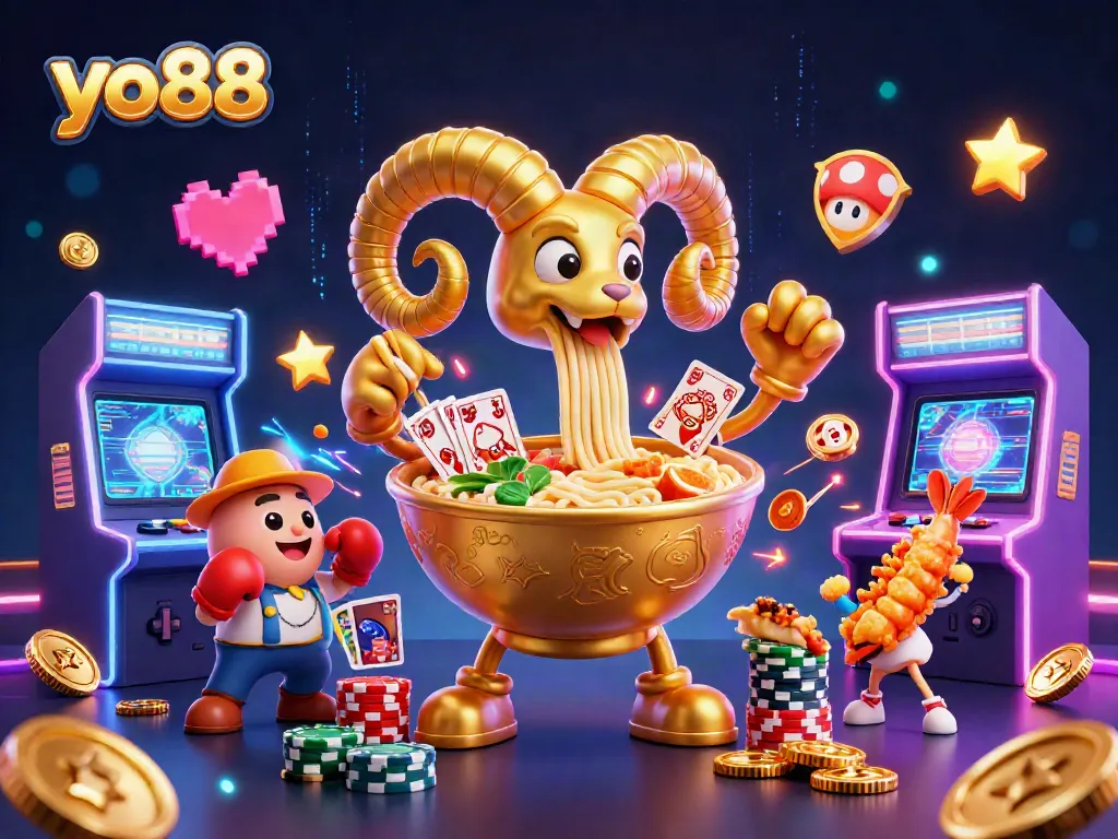 Experience thrilling action in yo88 with a vibrant scene featuring a giant ramen bowl and exciting game elements.