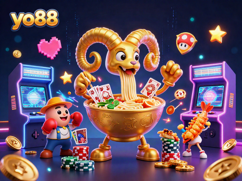 Experience thrilling action in yo88 with a vibrant scene featuring a giant ramen bowl and exciting game elements.