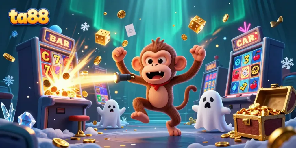 Engage with thrilling ta88 updates as the playful monkey juggles golden casino elements in a vibrant scene.