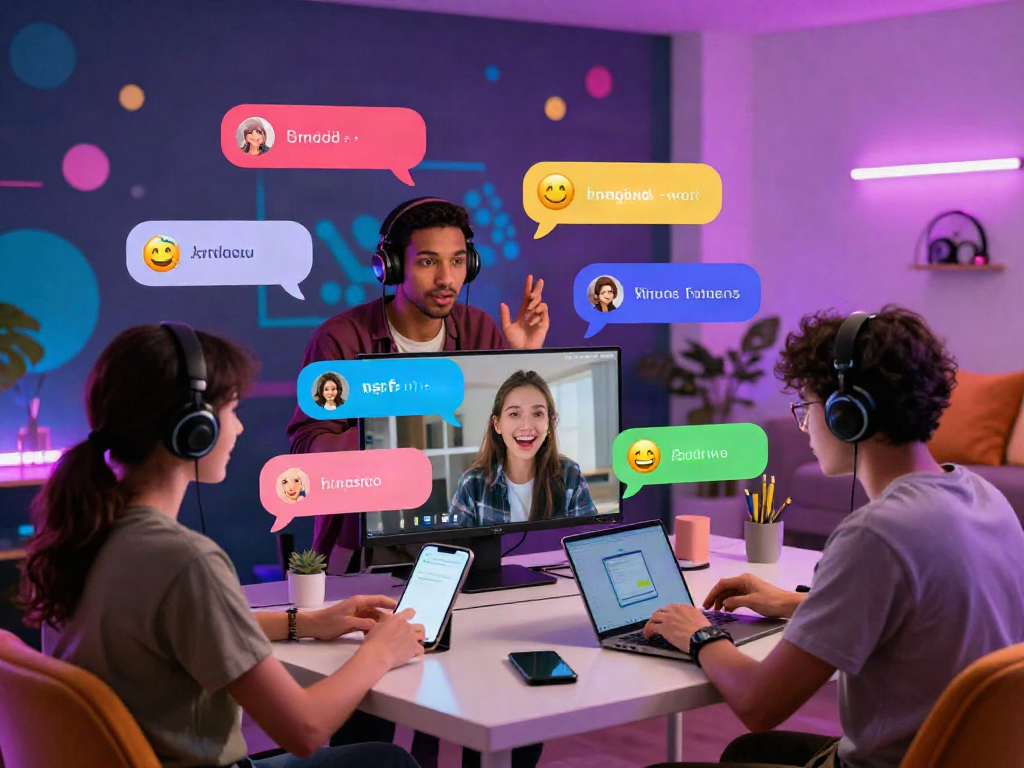 Dynamic nsfw chat room scene illustrating diverse participants engaged in lively conversation with colorful chat bubbles.