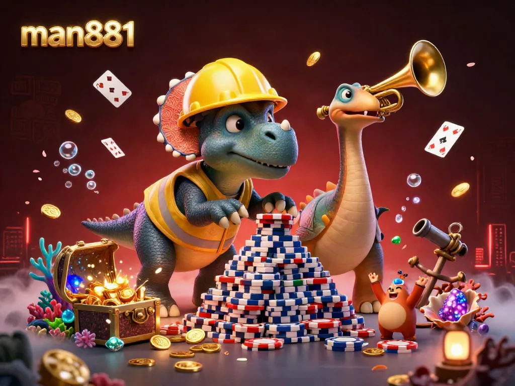 Engage with man881's thrilling casino scene as characters celebrate wins amidst a vibrant treasure display.