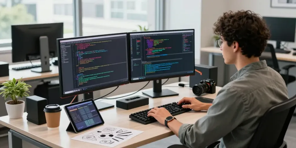 Software developer's workspace showcasing the vibrant coding scene with tools and technology representing the essence of pecah 404.
