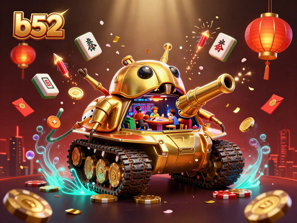 B52 gaming experience inside a golden beetle tank, showcasing dynamic casino elements and celebratory confetti.