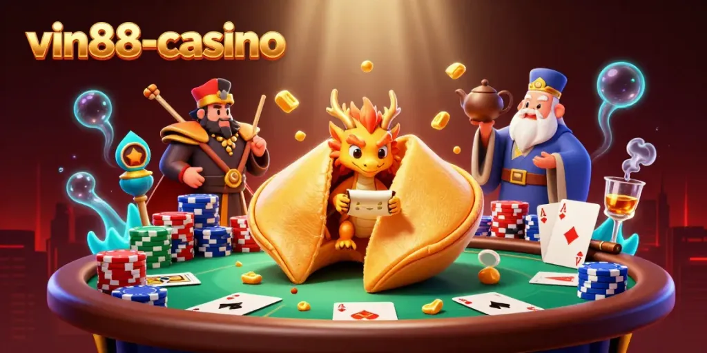 Experience the excitement of vin88-casino with a vibrant 3D illustration of a golden fortune cookie, poker elements, and rich casino theme.