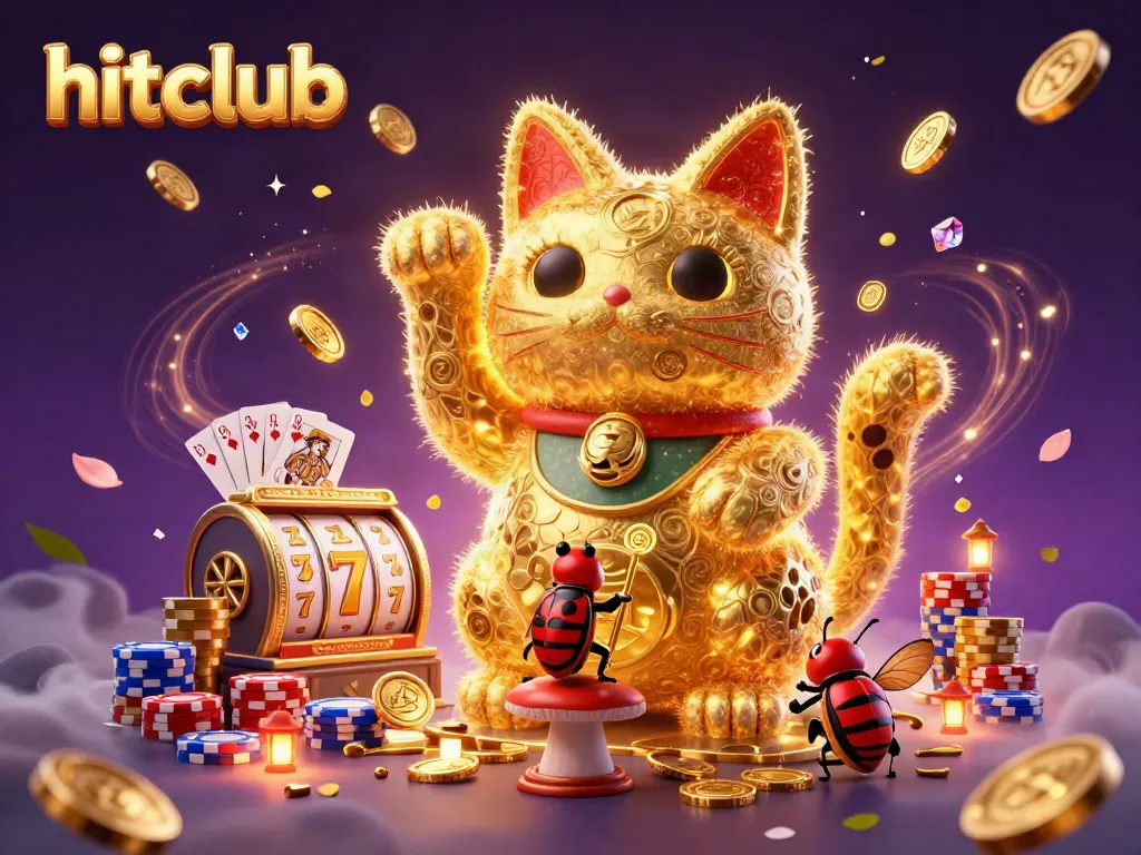 Engage with hitclub's vibrant gaming world, featuring a lucky cat and dynamic casino symbols.