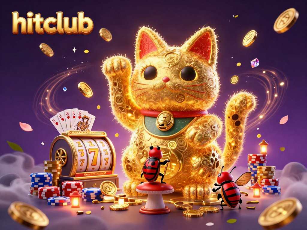 Engage with hitclub's vibrant gaming world, featuring a lucky cat and dynamic casino symbols.