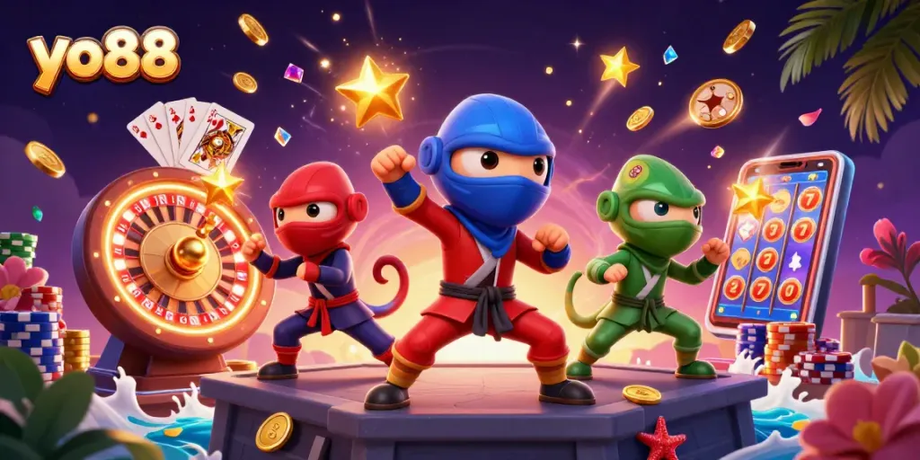 Experience the thrill of yo88 with ninja chameleons synchronized in a vibrant casino scene.