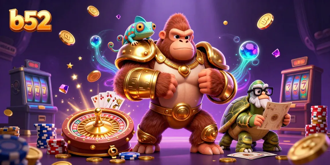 b52 casino illustration featuring a powerful gorilla in armor with gems and coins in a vibrant setting