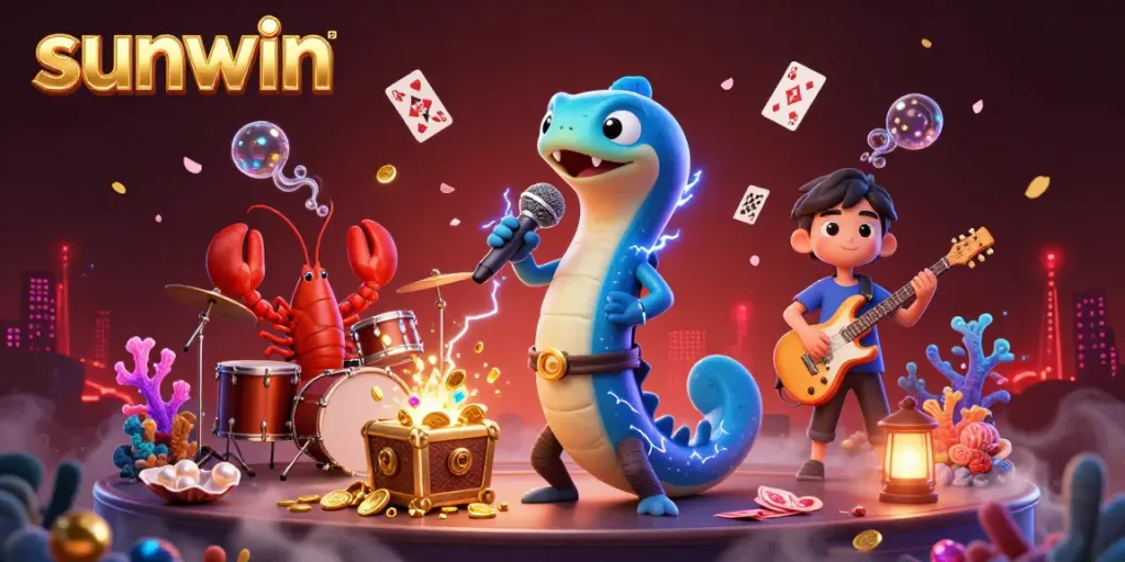 Experience the thrill of sunwin, featuring a DJ electric eel and vibrant casino elements in an underwater world.