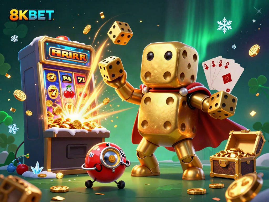 Experience the vibrant excitement of 8KBET with golden dice and jackpots in a lively casino scene.