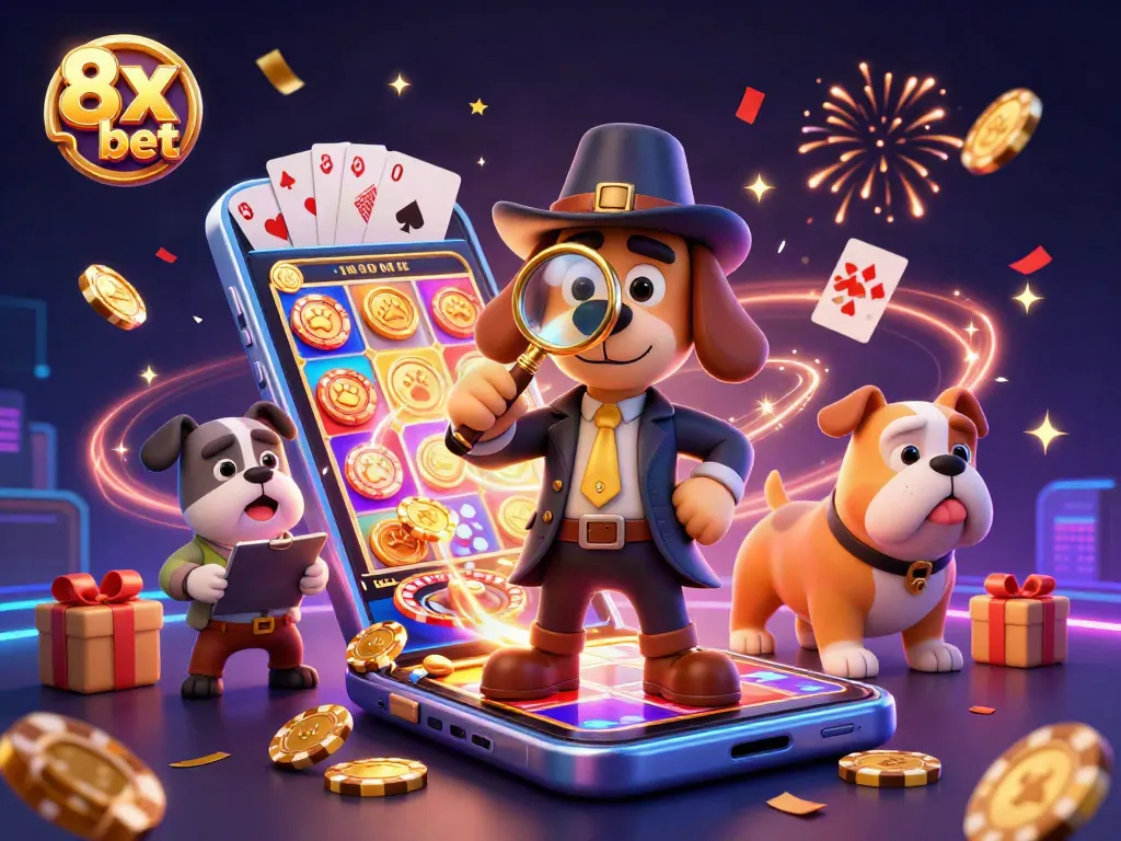 Bet on 8x bet with vibrant casino rewards depicted in a dynamic scene of detective discovery.