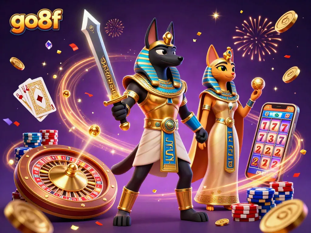 Spin to win with go8f as Anubis and Bastet celebrate a casino night filled with riches.