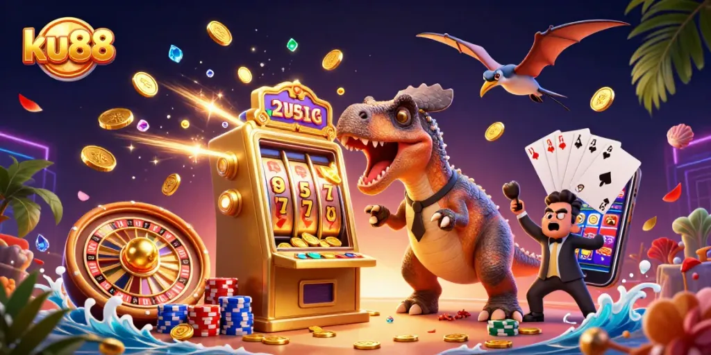 ku88 showcases a playful casino scene with animated dinosaurs winning jackpots while colorful coins fly around.