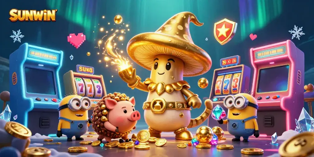 Experience SUNWIN casino magic with the whimsical golden wizard and treasures in a vibrant scene.