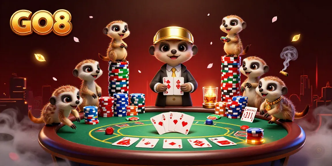 GO8 meerkats operate an elaborate casino with poker elements in a vibrant scene.