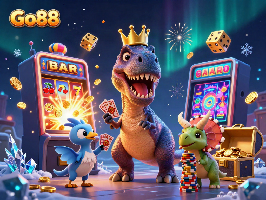 Engage in thrilling Go88 gaming action with a dynamic scene featuring a T-Rex, pterodactyl, and triceratops amid a jackpot explosion.
