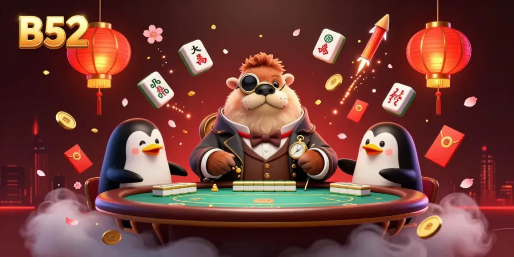 Join the excitement at the B52 poker table with animated characters and vibrant casino elements.