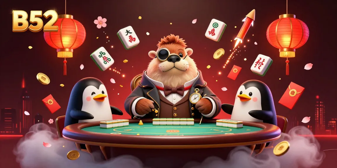 Join the excitement at the B52 poker table with animated characters and vibrant casino elements.