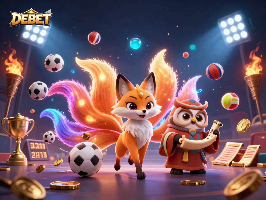 Engage in thrilling gaming experiences at DEBET with a vibrant fantasy scene of sports and casino elements.