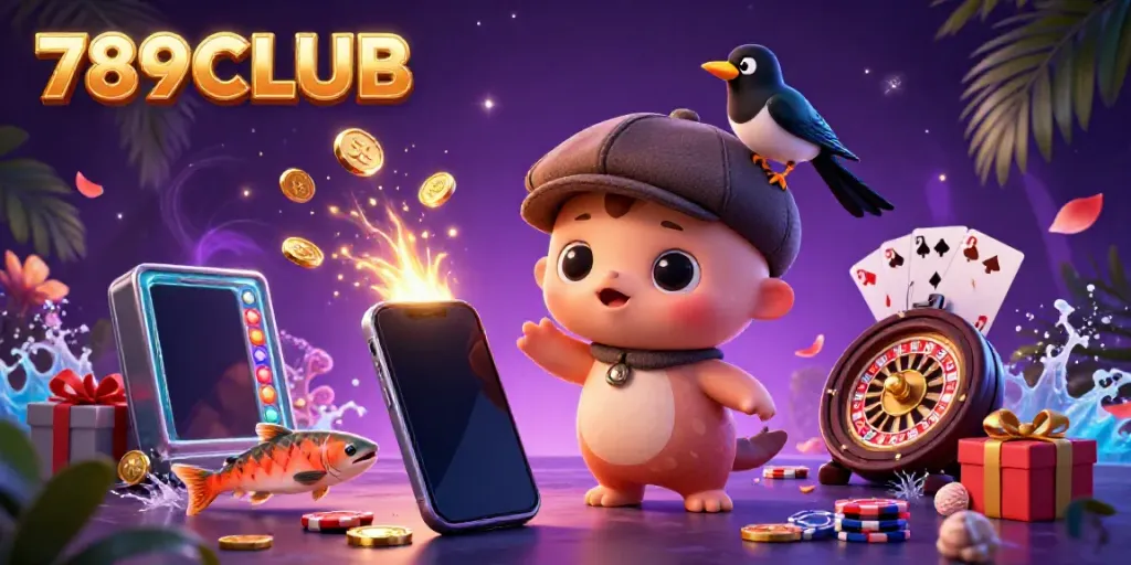 Experience thrilling gaming with 789CLUB in this vibrant casino-themed illustration featuring dynamic elements.