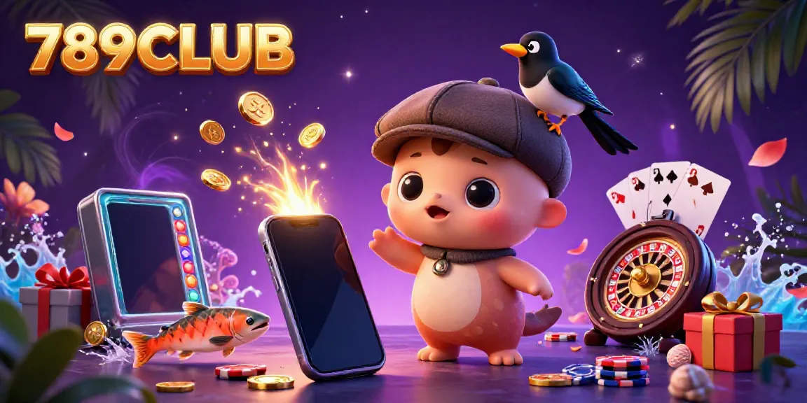 Experience thrilling gaming with 789CLUB in this vibrant casino-themed illustration featuring dynamic elements.