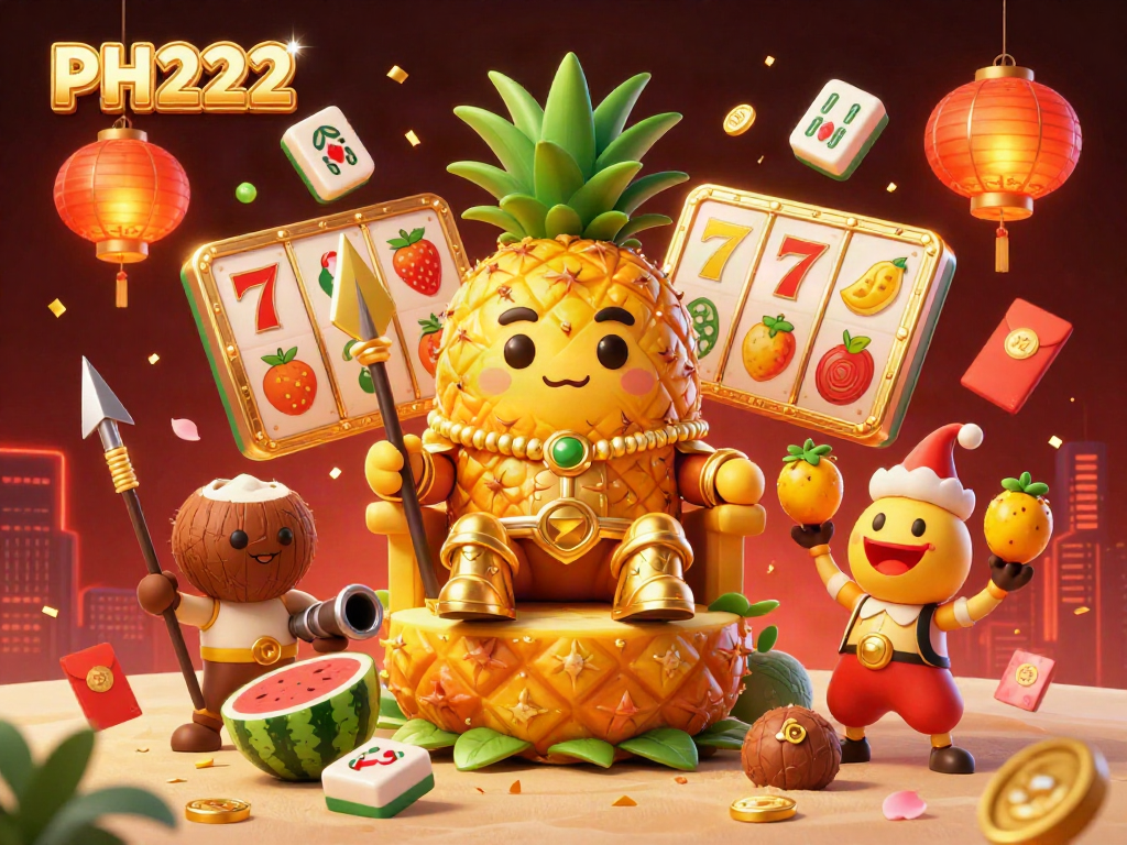 Engage with PH222: A vibrant online casino illustration with golden pineapple king and gaming elements.