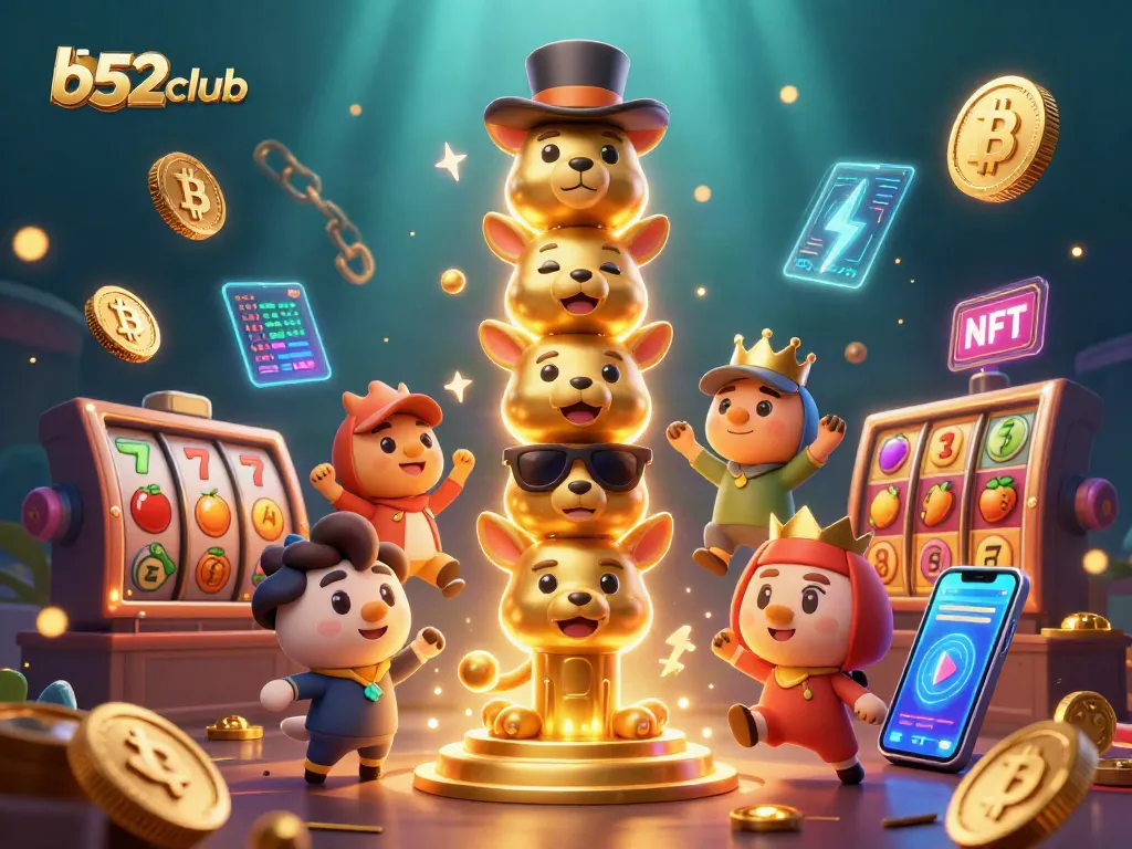 Engage in exciting gaming with b52club as a vibrant 3D casino scene showcases colorful coins and dynamic slot elements.