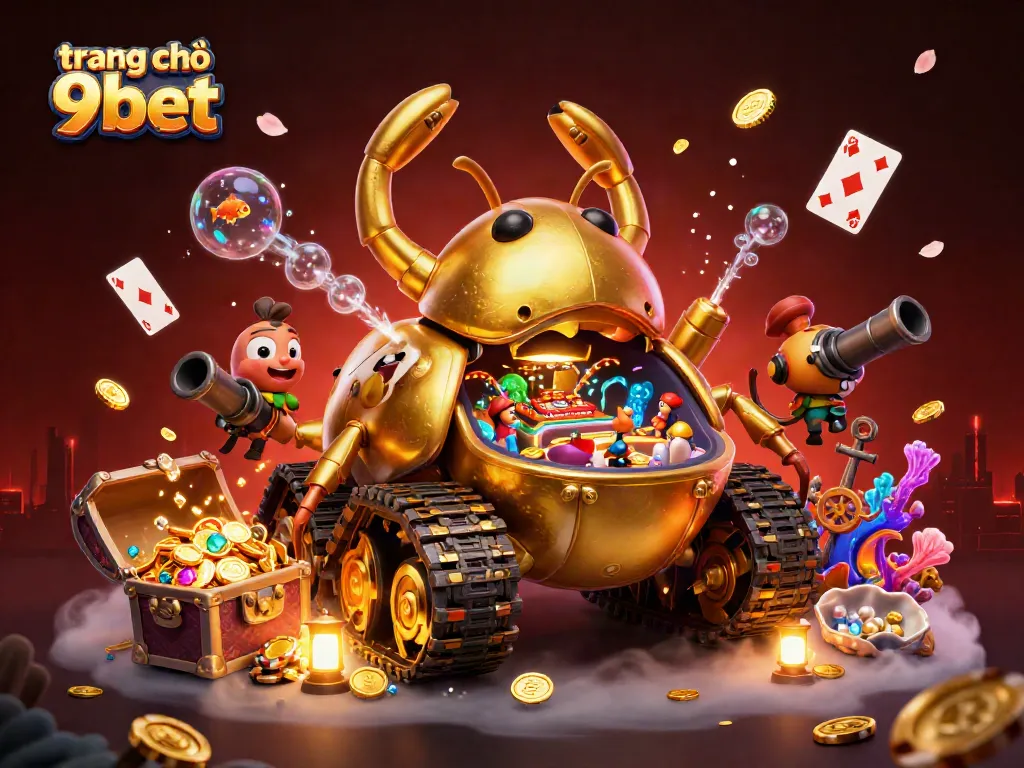 Engage with the vibrant scene at trang chủ 9bet featuring a massive golden beetle tank and a miniature casino.