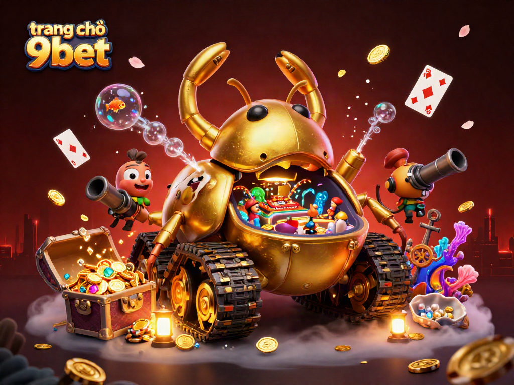 Engage with the vibrant scene at trang chủ 9bet featuring a massive golden beetle tank and a miniature casino.