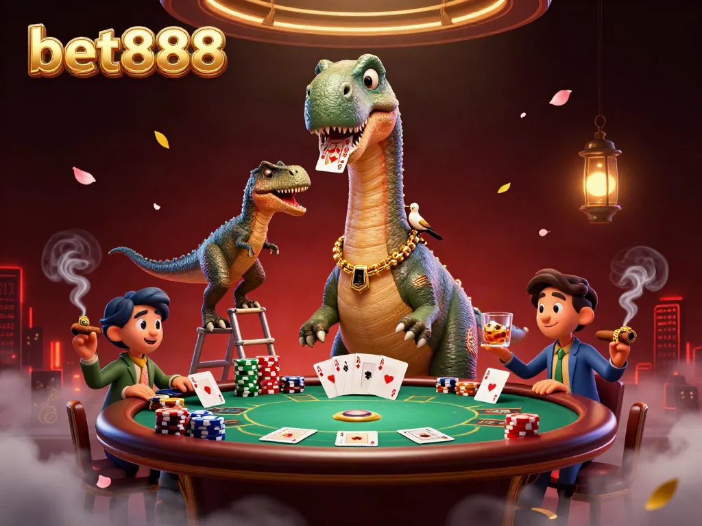 Watch a playful brontosaurus at bet888 tower over a poker table while a clever raptor deals cards, creating a lively casino scene.