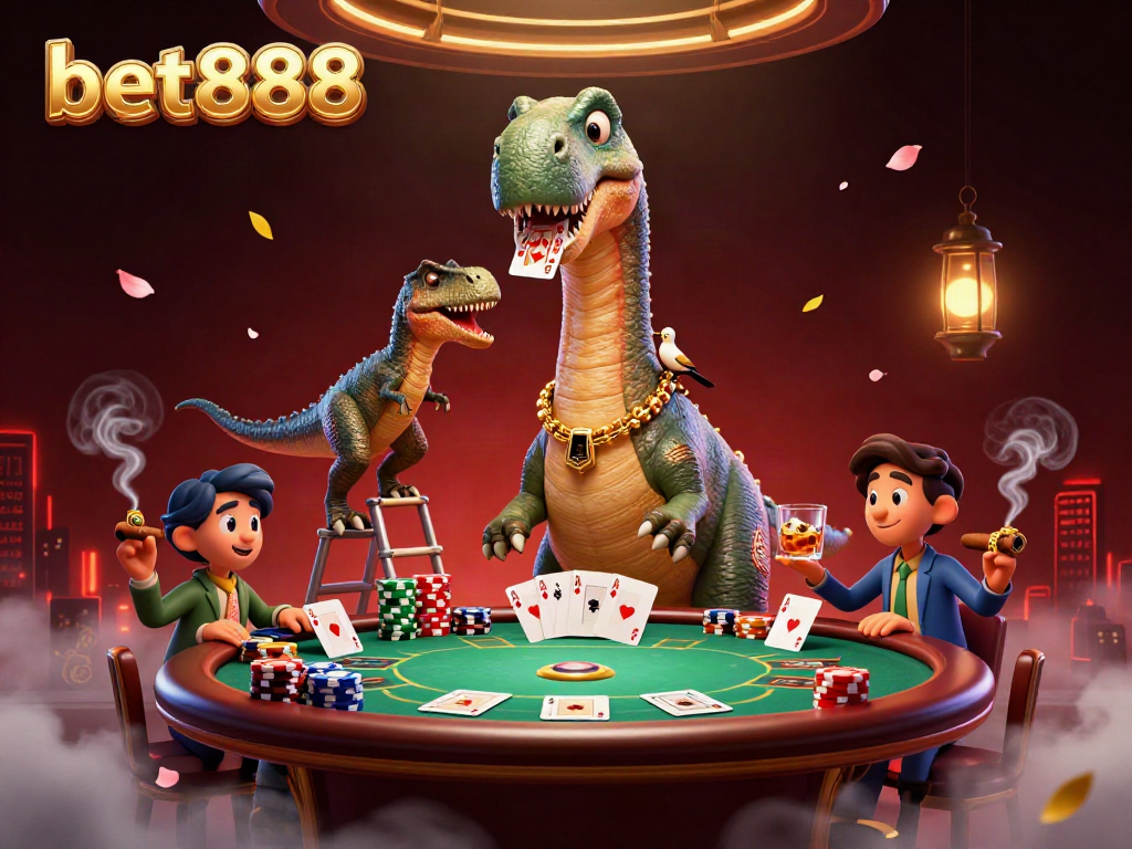 Watch a playful brontosaurus at bet888 tower over a poker table while a clever raptor deals cards, creating a lively casino scene.